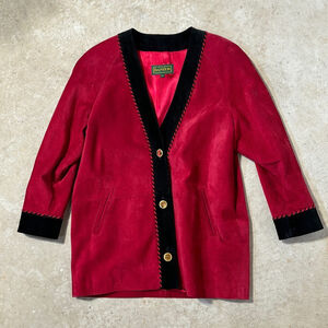 Danier Red Suede Leather Jacket Blazer Women’s Small Black Trim Gold Button Up